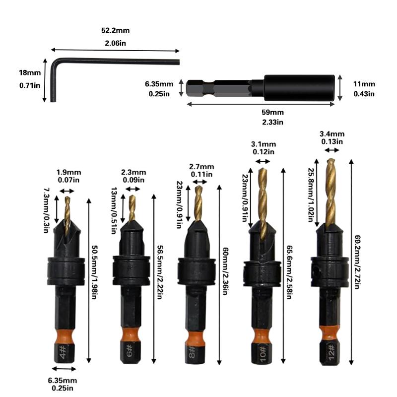 12-delige Titanium-Gecoate Zeskant Verzonken Boor Set Met Vervangbare Boren, Magnetische Houder & L-Sleutel. Boormachine Compatibel Voor Snel