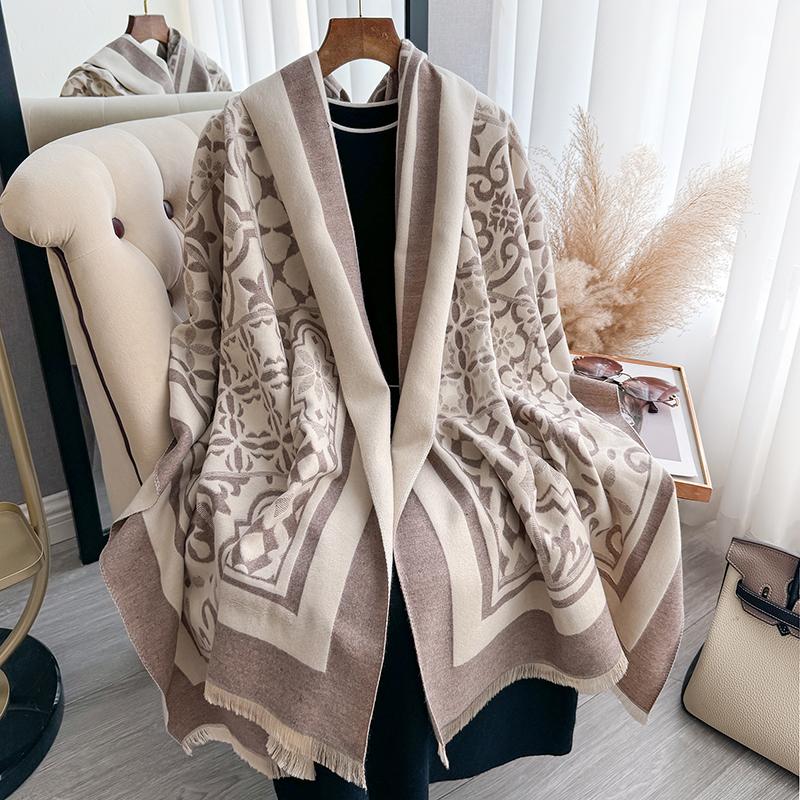 Winter  Two-Sided Geometric Scarf Mature Imitation Cashmere Warm Shawl Autumn Office Coldproof Windproof Wrapped Scarf