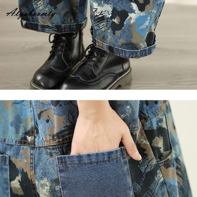 Übergröße Koreanischer Stil Stilvolle Streetwear Overall Träger Print Denim Weitbeinjeans Basic Damen Lässig Locker Vintage Jumpsuit