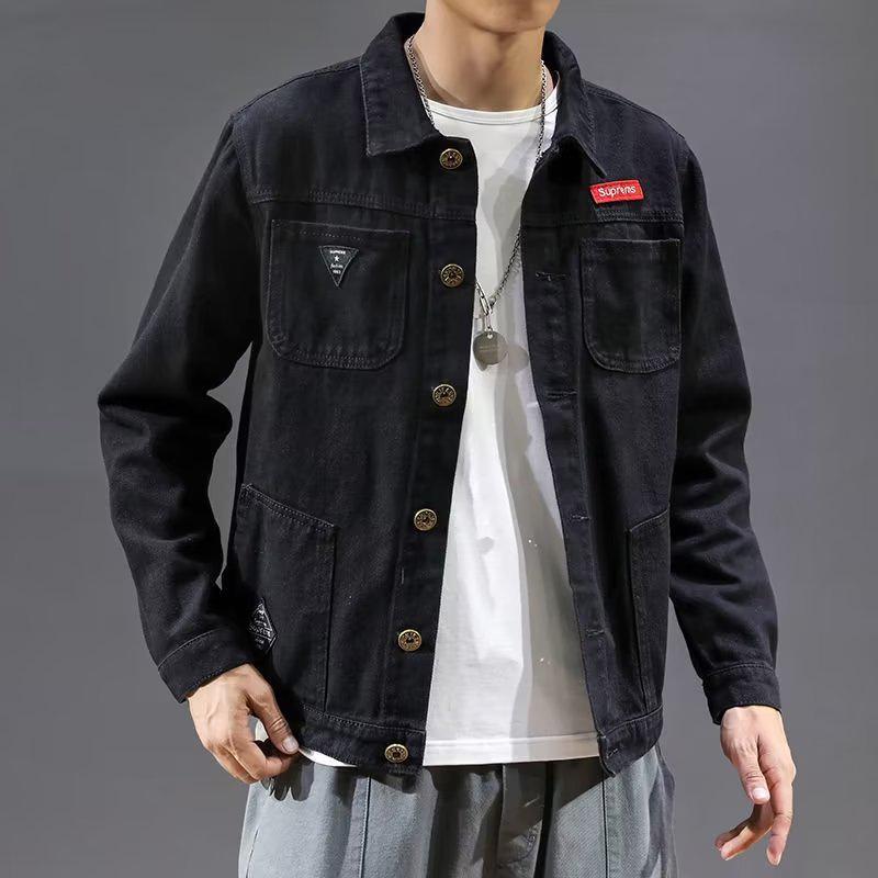 Men's Black Loose Denim Jacket - Spring/Autumn Casual Lapel Top, Trendy Youth Fashion