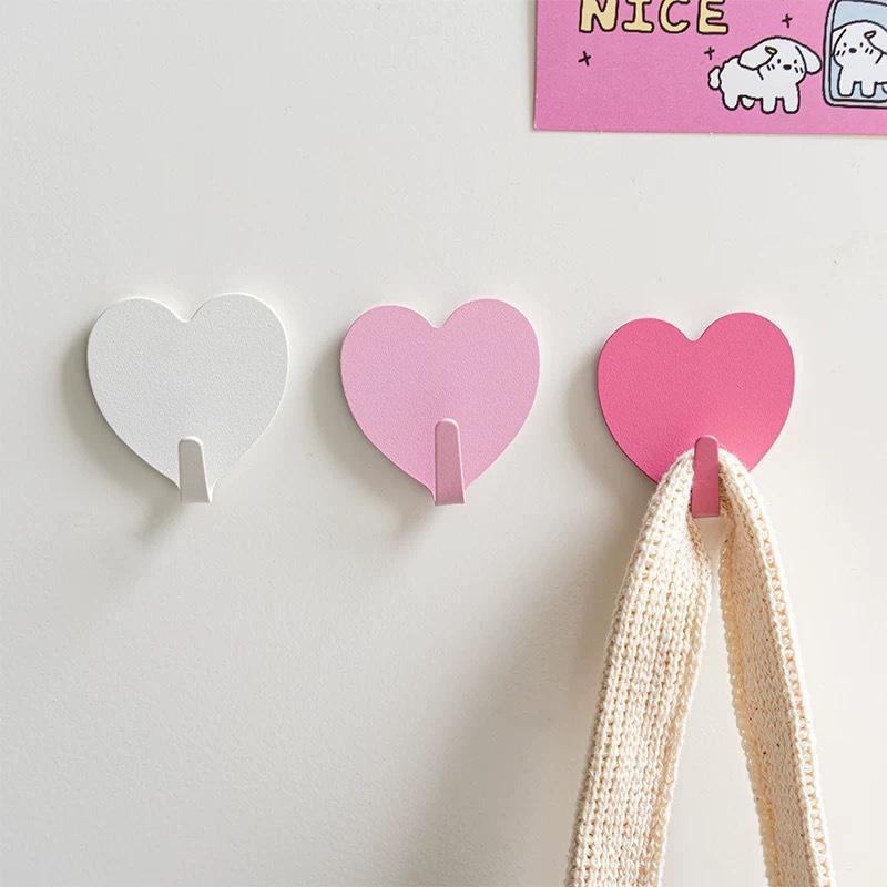 5Pcs Self Adhesive Wall Clothes Towels Hanger Pink Heart Shape Hook Stainless Steel Sticky Key Hooks Child Cute Room Decor Hook