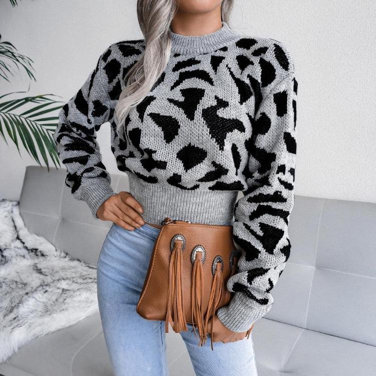 Women Autumn Winter Leopard Print Knitted Crop Sweater Long Sleeve O Neck Nipped Tops Sizes S To L