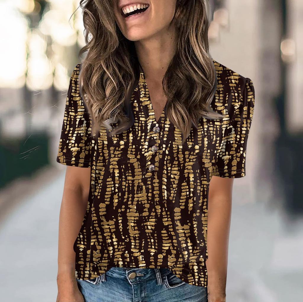 Hauts d'été pour femmes, mode décontractée avec imprimés floraux, col en V, manches courtes, t-shirt boutonné