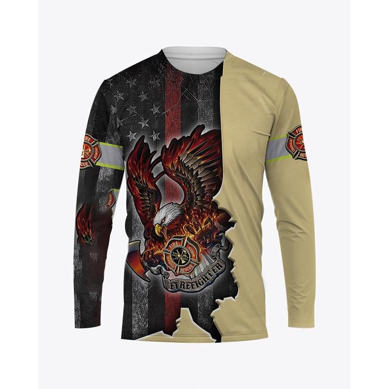 Firefighter Graphic Printed Autumn Men's O-Neck T-shirt Casual Long Sleeve Oversized Pullover Fashion Streetwear