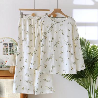 2026 Frühling und Herbst Neues Damen-Pyjama-Set 100% Baumwoll-Krepp Langarm Lange Hose Zweiteiliges Set Schlichte Hauskleidung