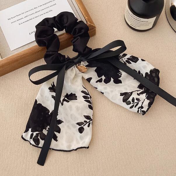 Retro floral streamer bow large intestine hair band female elegant ponytail hair rope rubber band tie head rope hair
