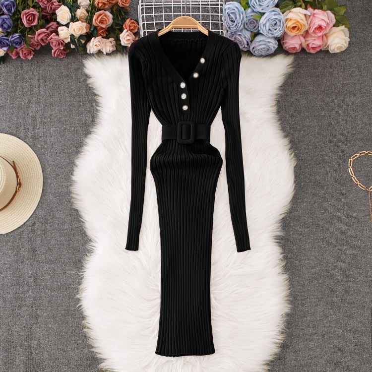 

Осень-зима Женский элегантный V-образный вырез вязаный свитер офисная работа облегающие платья-футляры с поясом One Size чёрный