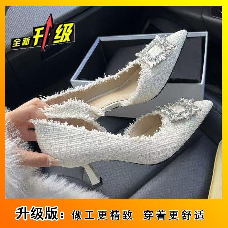 

Xiaoxiang pointed square buckle thin heel women s single shoes 2025 spring and summer new French rhinestone niche shallow mouth women s high heels 39