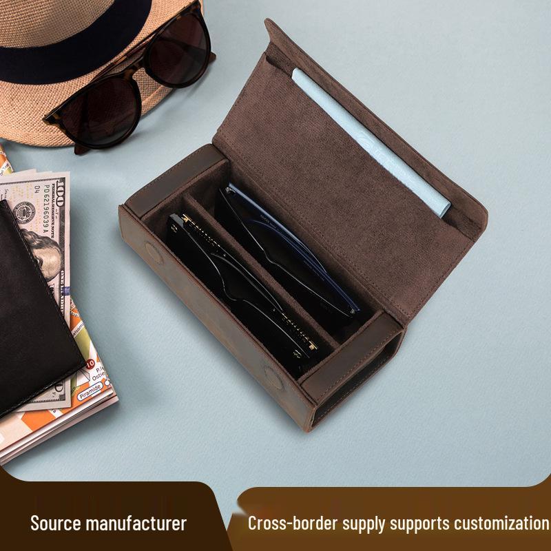 Estuche de Cuero Vintage Crazy Horse para Gafas - Hecho a Mano, Cierre Magnético a Presión, Almacenamiento para Viaje, Juego de 2