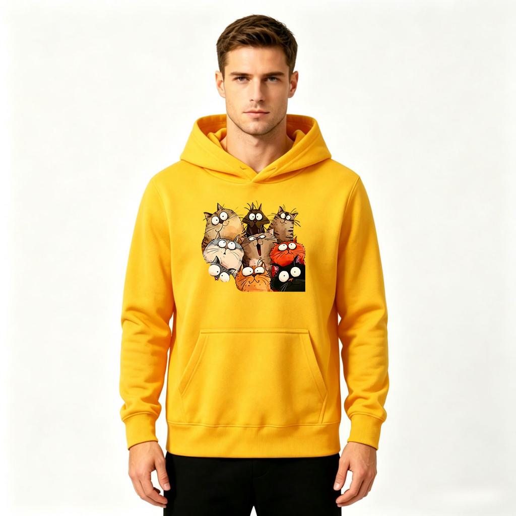 Men's Pullover Hoodie, Funny Cartoon Cat Group Print Casual Long Sleeve Hooded Sweatshirt for Daily Wear