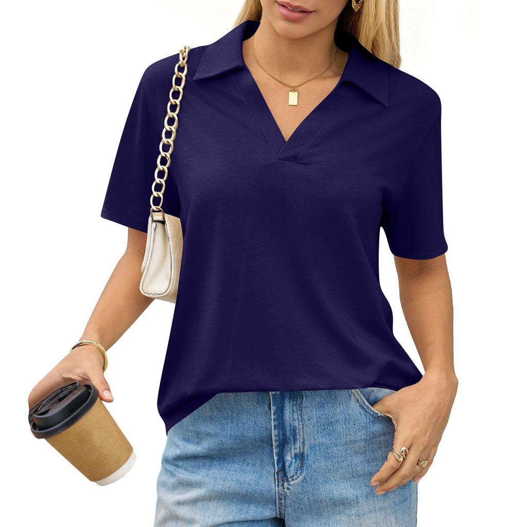 Women's Fashion Casual Lapel Short Sleeve Solid Color Shirt Women's Up Tops