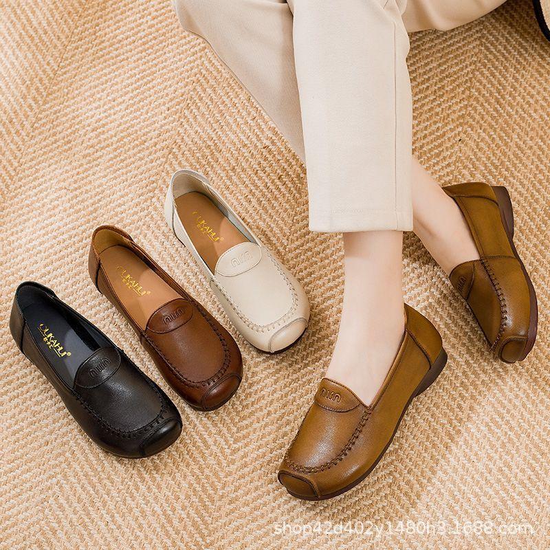 Real soft leather sole soft high-end retro mother shoes single shoes 2025 autumn casual and comfortable versatile non-slip mother shoes