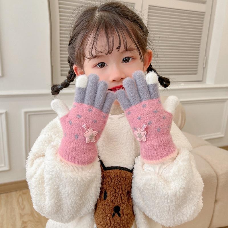 Children's Gloves Cartoon Cute Stars Autumn and Winter Velvet Thickened Warm Windproof Five-finger Boys and Girls Color Matching Gloves