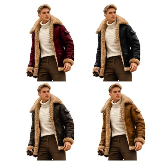 Men Coat Lapel Long Sleeve Solid Color Velvet Lining Jacket with Multi Pockets Design Zipper Closure Casual Outerwear
