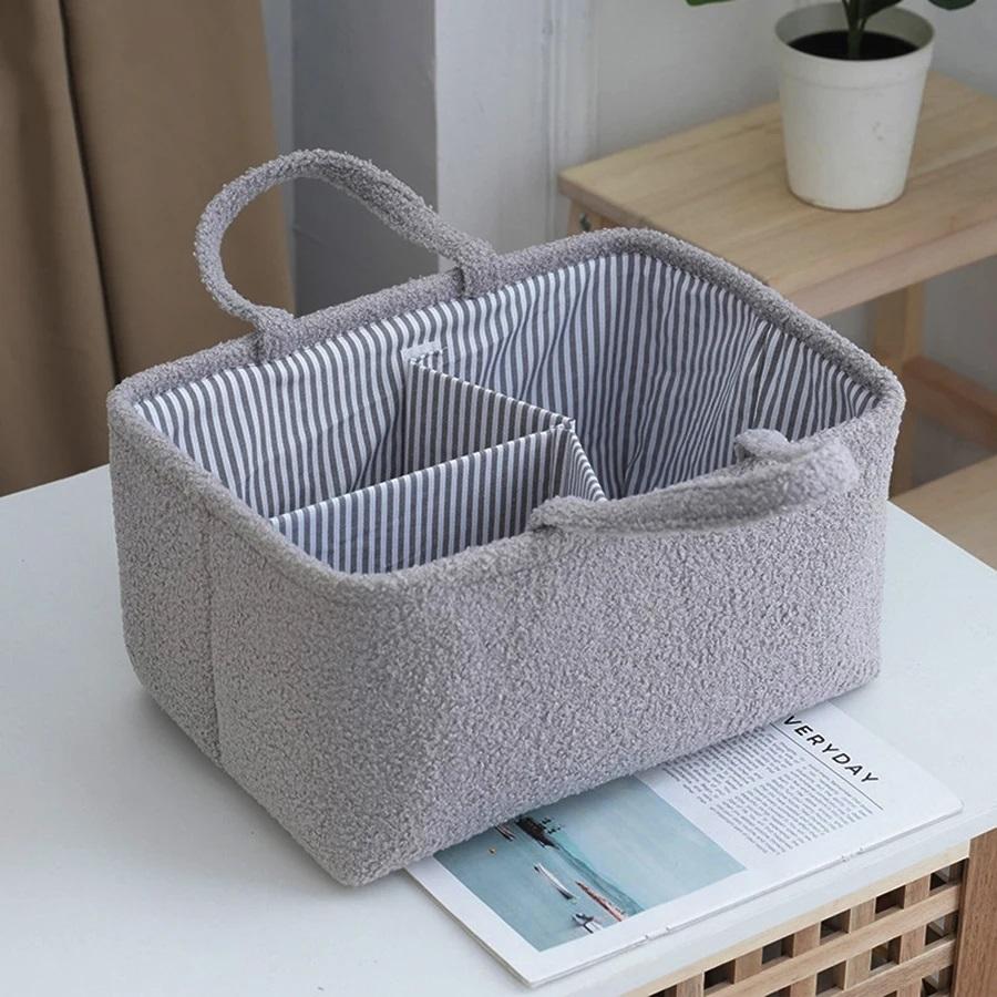 

1pc Mommy Bag Teddy Fleece Diaper Bag with Handle Portable Travel Diapers Storage Bag Large Capacity Baby Item Organizer Basket серый