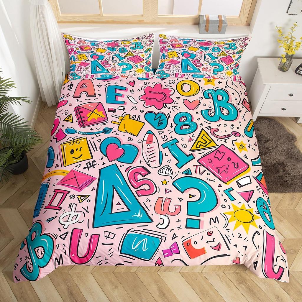 Cartoon Graffiti Bedding Set Back To School Duvet Cover For Kids Boys Girls BedroomMath Geometric Symbol Comforter Cover Twin