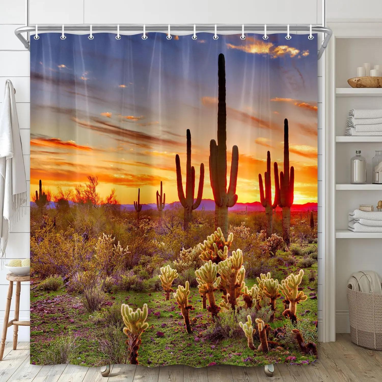 Western Landscape Sunset Desert Cactus Bathroom Curtain, Natural Scene Waterproof Polyester Fabric Shower Curtain with Hook W90xH180cm