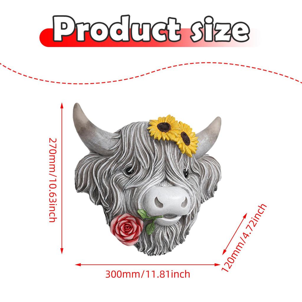 Highland Cow Head Wall Decor Wall Sculpture Cute Decorative Wall Art Decor Ornament for Home Fence Farmhouse Office Outdoor