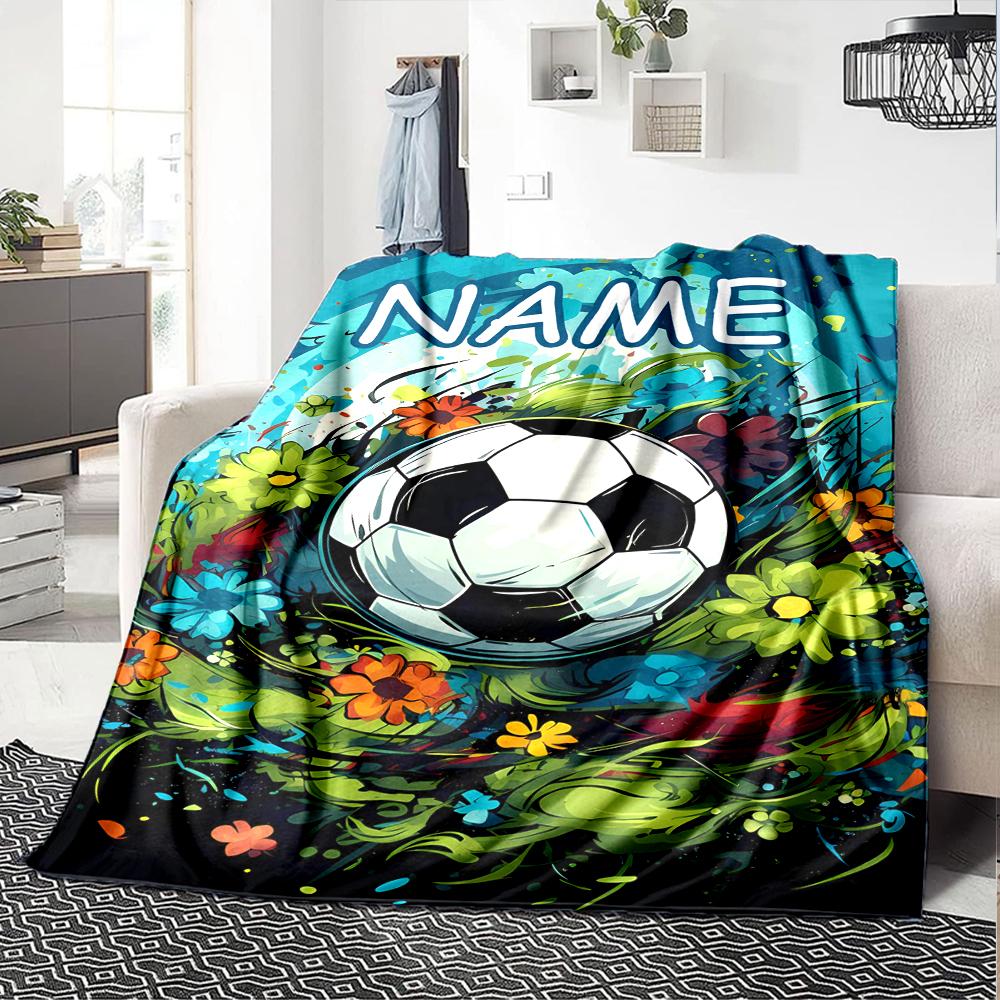 Custom Name Soccer Theme Printed Blanket - Perfect for Couch, Bed, Travel & Outdoor Use | Machine Washable, Cozy & Durable.