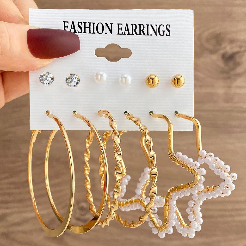 Inlaid Pearl Butterfly Earrings Premium Earrings Retro Metal 6 Set Earrings Combination Women