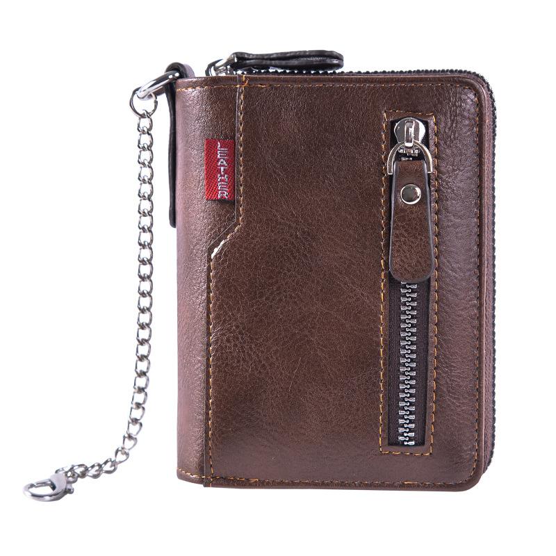 

Men Leather Wallet Short Zipper Coin Purse Vintage RFID Blocking Bifold Wallet with Card Holder Photo Slot Chain Wallet Male Clutch Purse світло-коричневого кольору