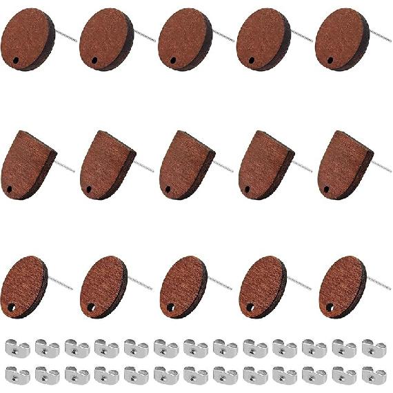 Oubaka 60pcs Wooden Earring Studs for Jewelry Making,Wooden Stud Earrings Wood Earring Posts Earring Pin Stud Bulk with 100pcs Earring Backs for DIY