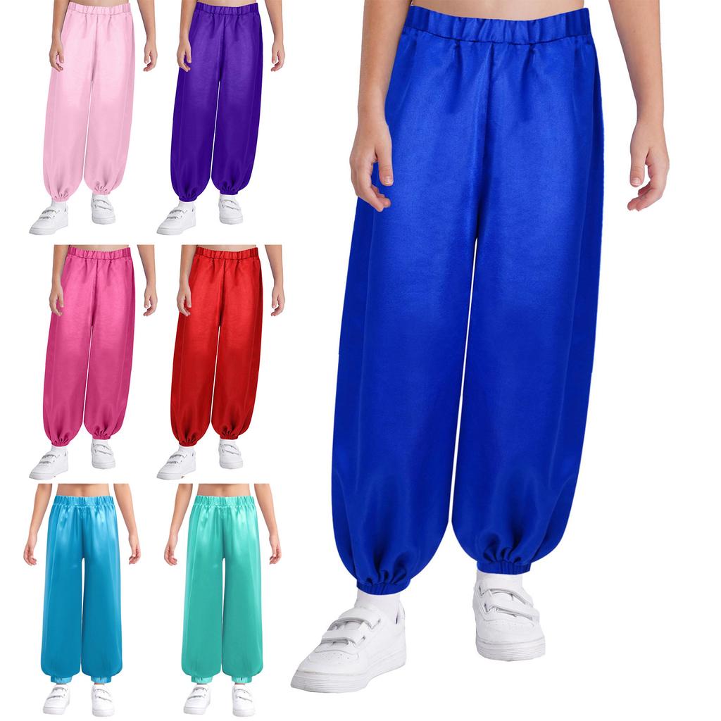 Girls Satin Bloomers Belly Dance Pants Elastic Waistband Loose Fit Solid Color Performance Outfit