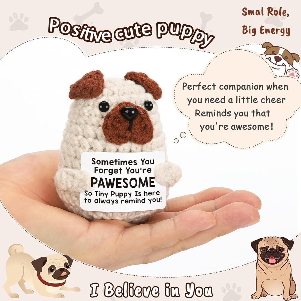 Funny Crochet Positive Energy Puppy With Card Desktop Ornament Handmade Knitted Emotional Support Dog doll Home Room Decoration