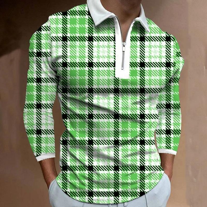 Men Clothes Long Sleeve Zipper Polo Shirt Men Casual Geometric Pattern Print Men Tops Polo Shirt 100% Polyester