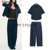 Washed Effect Lapel Long Sleeves Linen Blended Shirt 8727260 Stitching High Waist Jogger Pants 3607212