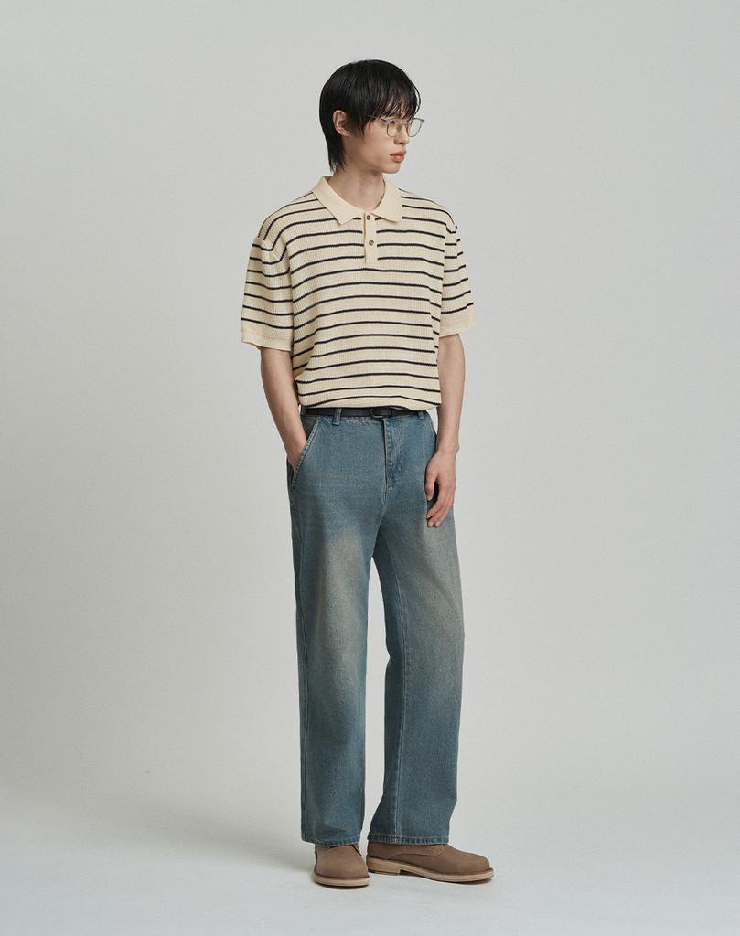 WORK ON BODY OFF Easyon Semi-Overfit Striped / Solid Collared Short Sleeve Knit (5 Colors) (Type A)