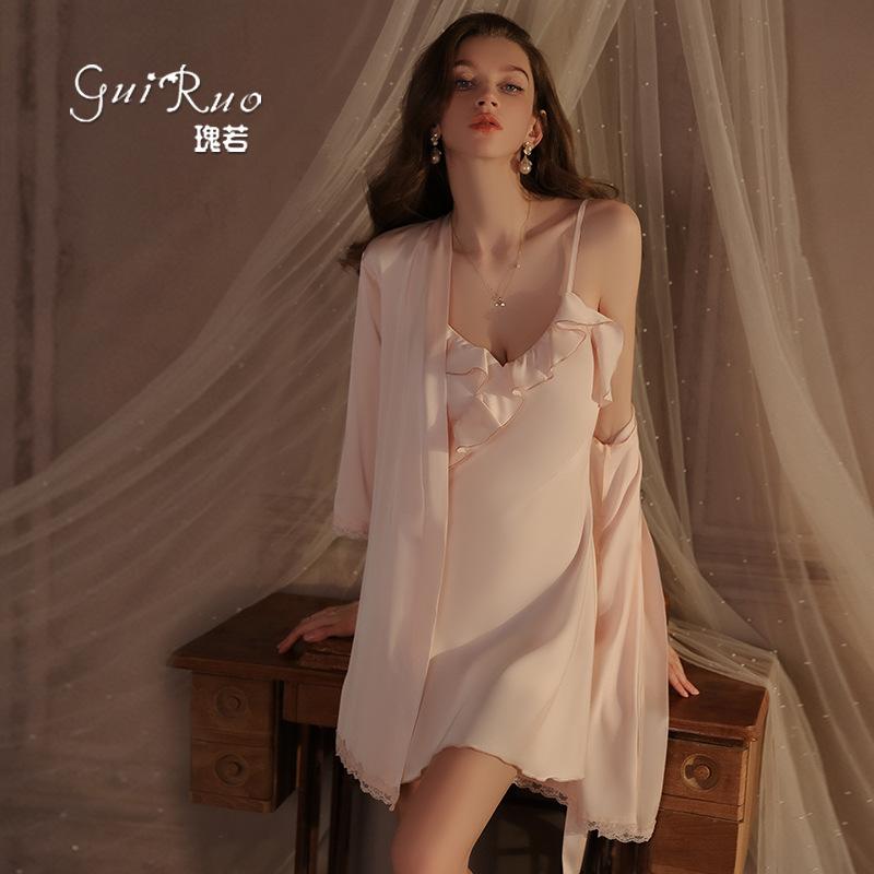 Women's Silky Fitted Backless Cami Sleep Dress with Robe Lounge Set