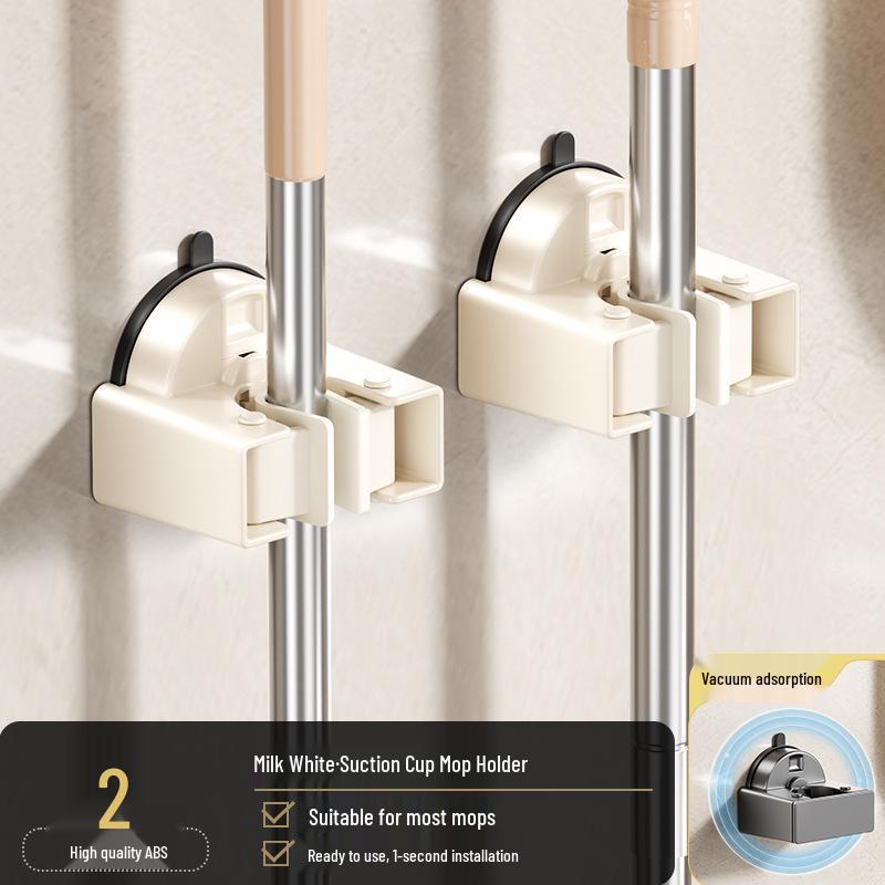 No-Punch Broom & Mop Wall Mount Clip - Suction Cup Hanging Rack for Bathroom/Backdoor Storage