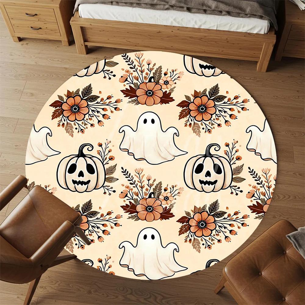 1pc Ghost Pumpkin Round Chair Mat Area Rug - Non-Slip, Floor Mat for Office, Bedroom, and Indoor Decor -1002189