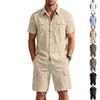 Conjunto de Camisa de Lino con Múltiples Bolsillos y Solapa para Hombre y Pantalones Cortos - Transpirable y Cómodo