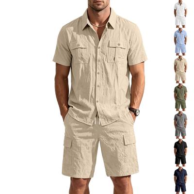 Men's Linen Multi-Pocket Lapel Shirt and Shorts Set - Breathable and Comfortable