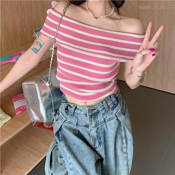 Striped Off Shoulder Sweater For Women With Slim Fit Short Sleeve Knit Top