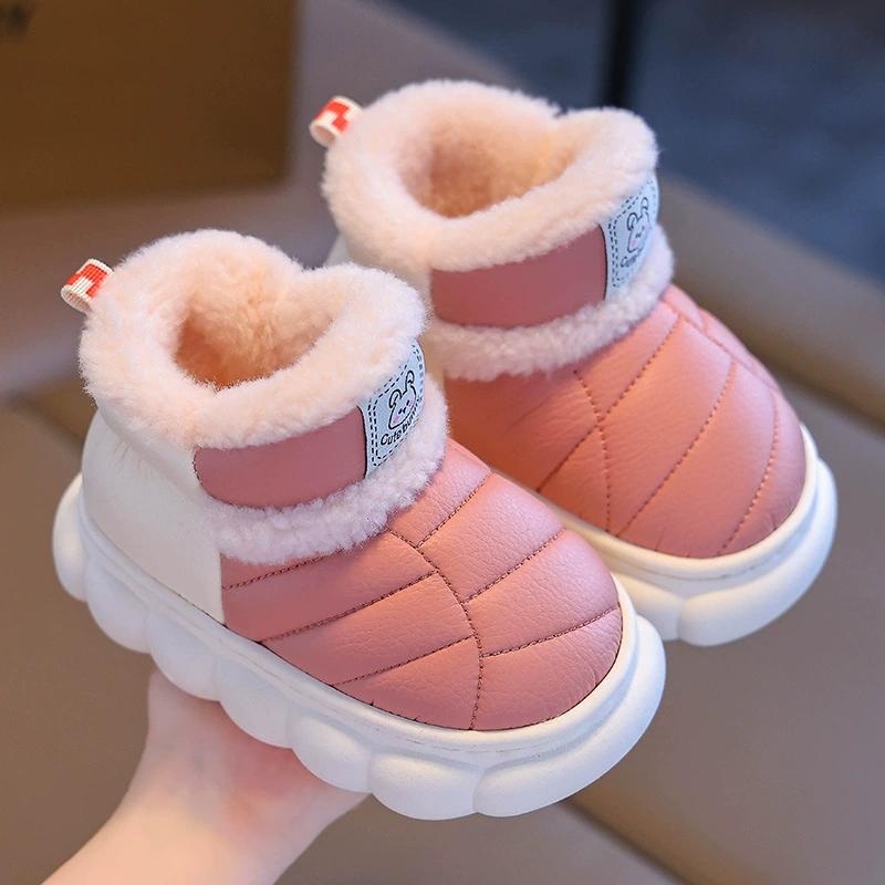 Winter Children's Bag Heel Shoes for Boys and Girls Warm and Plush PU Waterproof Baby Shoes for Small and Medium-sized Children