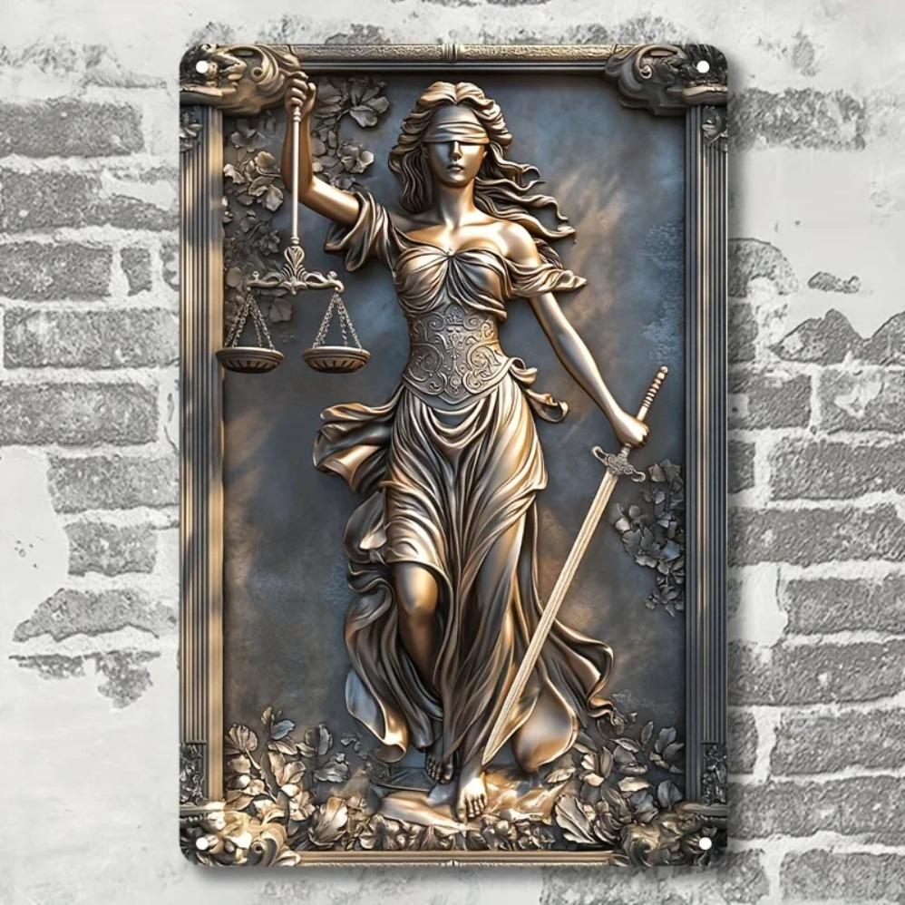 Vintage Aluminum Wall Hanging: Justice Goddess Design with Scales of Justice - Decorative Metal Plaque for Bar, Living Room