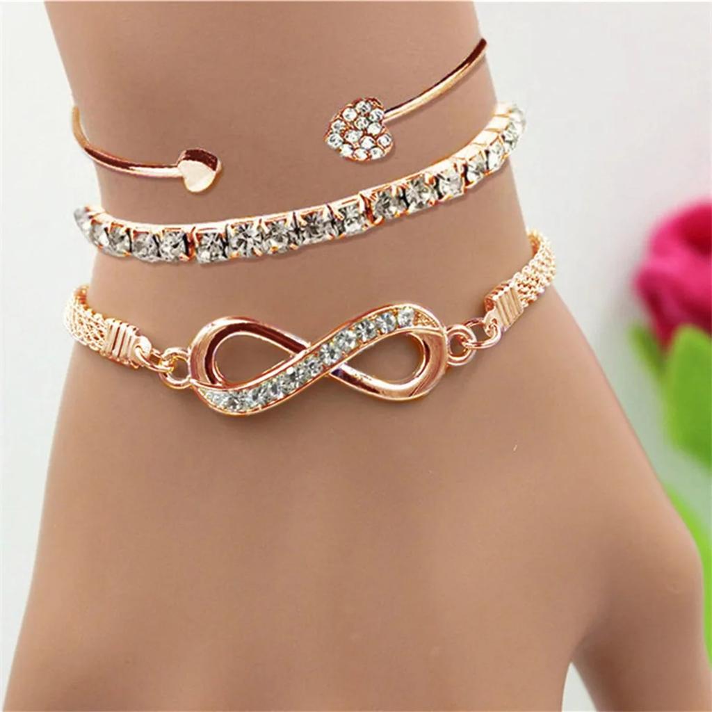 Set da 1/3 Pezzi Braccialetti Vintage a Forma di Cuore con Strass di Cristallo per Donna Geometrico Regolabile Bracciale a Cerchio Infinito Gioiello Regalo