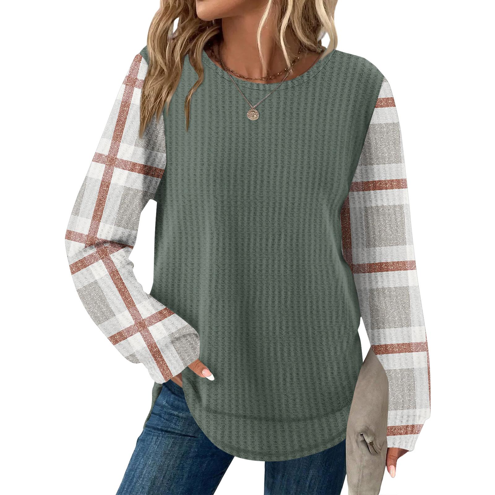 

Жіночий повсякденний вільний топ з круглим вирізом і довгим рукавом у клітинку S