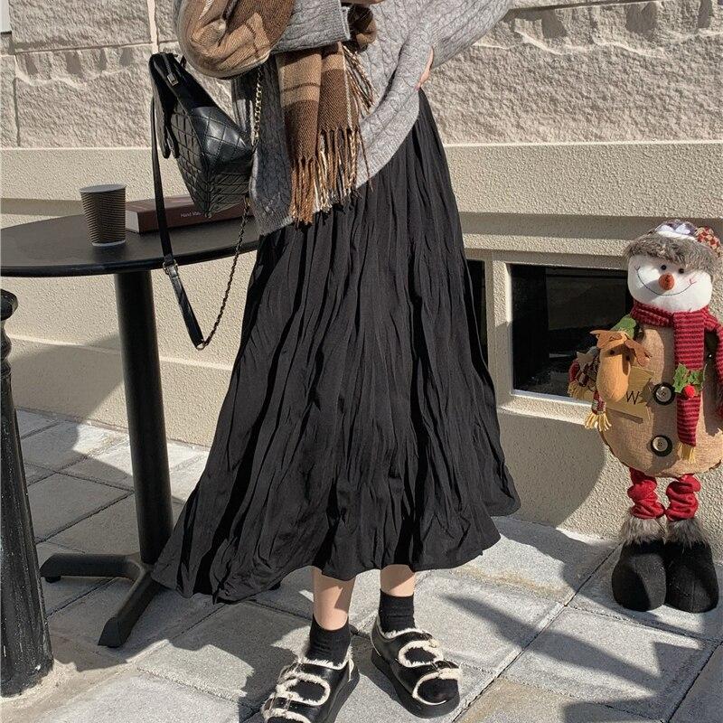 Elegant Versatile Pleated Skirt Women Fashion Solid Loose Pleated A-line Skirts Casual Elastic Waist Skirt Female Clothing 25930