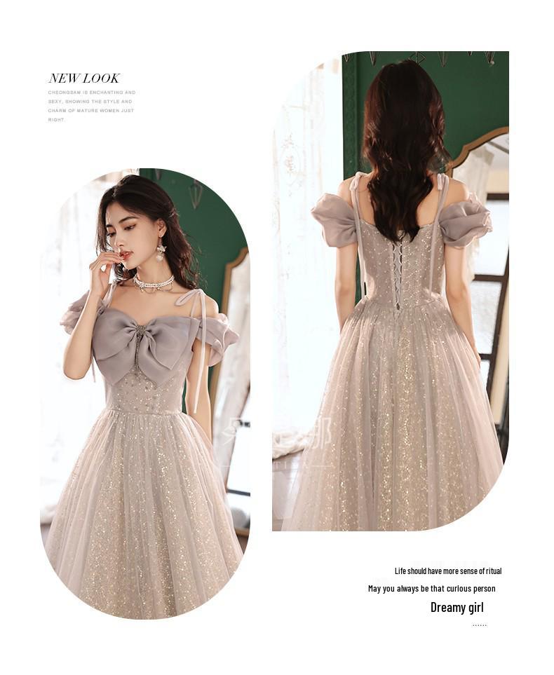 Graues Neckholder-Abendkleid - Damen 2026 Neuer Stil: Luxuriöses Bankettkleid für Zeremonien, Gesangsprüfungen