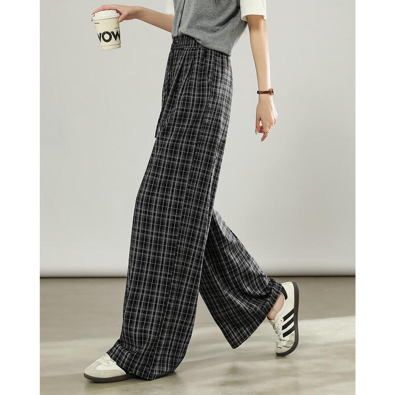 TERRE BLEUE Women's Plaid High-Waist Loose Straight-Leg Pants