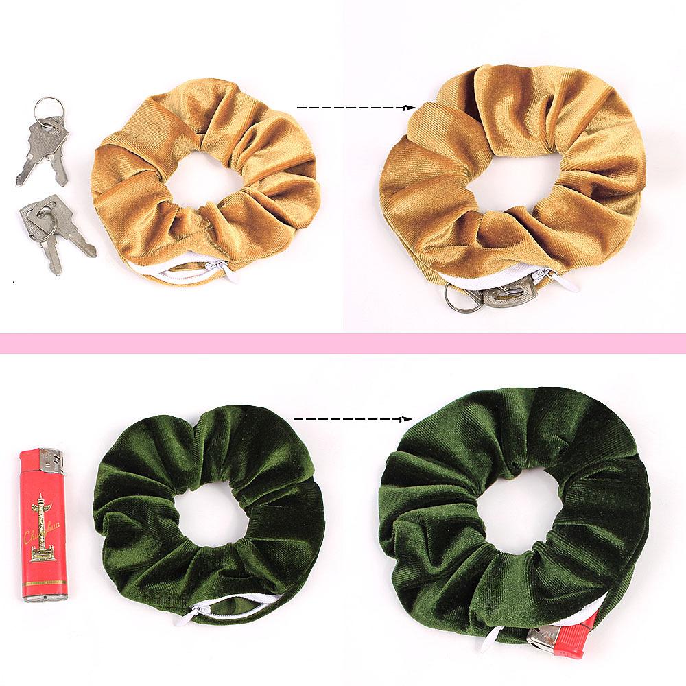 Gumki do włosów scrunchies z kieszonką na zamek błyskawiczny Kobiety Aksamitne Jednolite Wiązanie Wysoki Kucyk Uchwyt Nakrycie głowy Elastyczne Zamek błyskawiczny Gumka do włosów Akcesoria