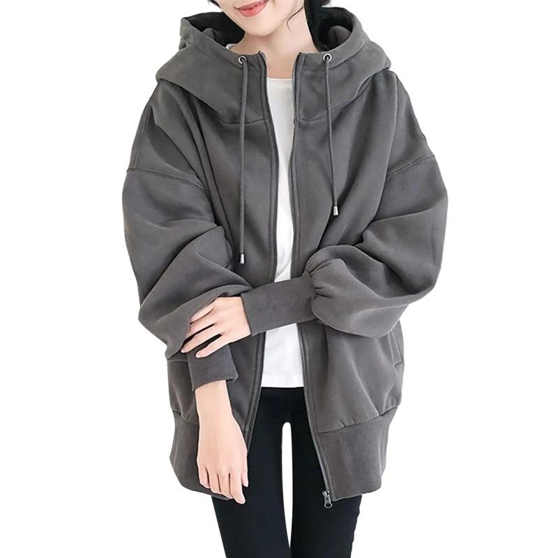 Women's Loose Long Sleeve Drawstring Sweatshirt Oversized Solid Color Zipper Hoodie  Mid-length Warmth Pocket Coat