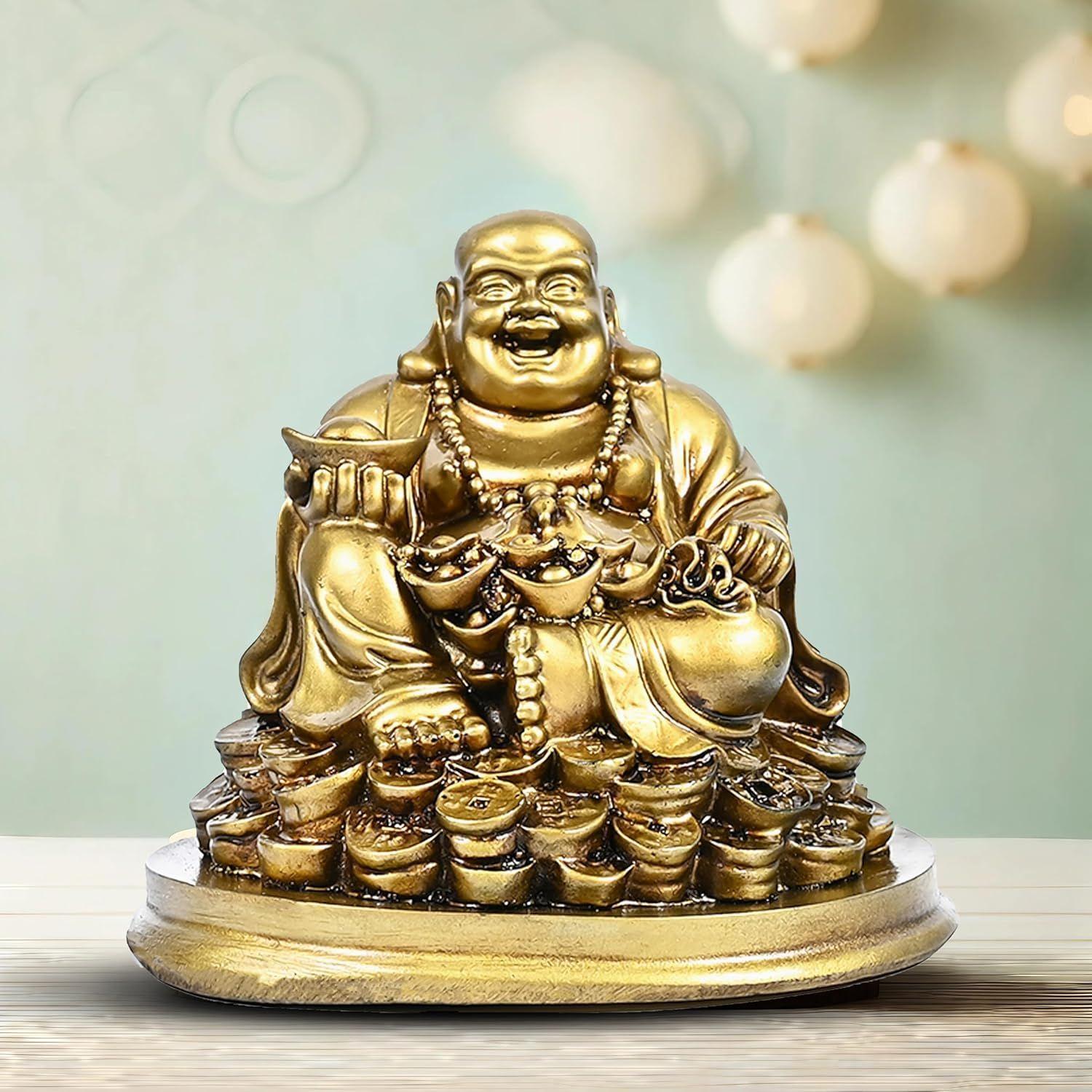 

Идол Будды – Фигурка Фэн-шуй Смеющийся Будда, сидящий на монетах удачи | Золотой слиток для удачи и счастья золотистый