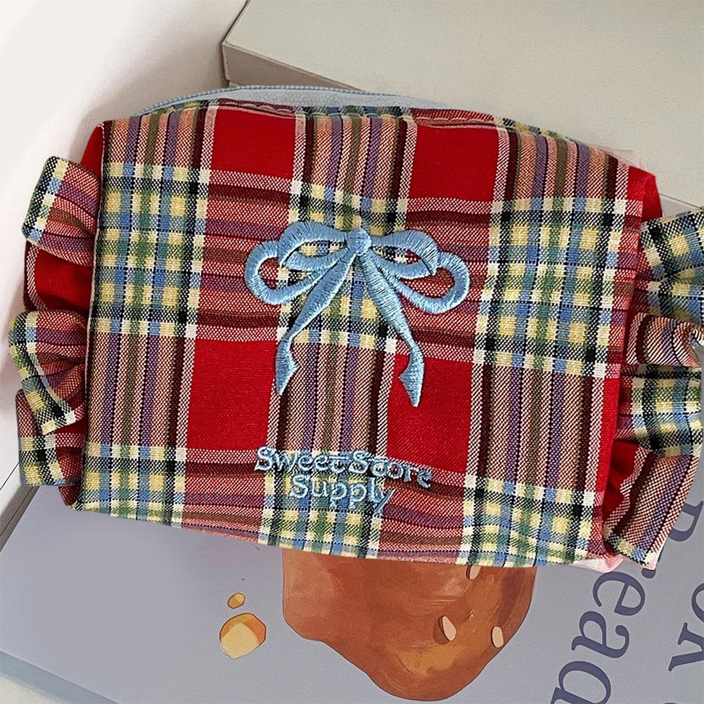 Plaid Makeup Bag Pleated Toiletry Bag Aesthetic Makeup Storage Bag Large Capacity Embroidered Bow Cosmetic Bag for Women Girls