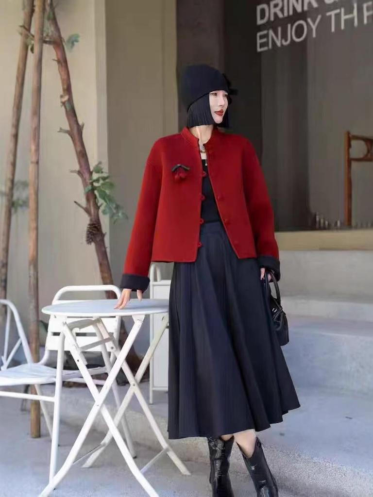 2025 Chinese Style Double-Sided Wool Coat for Women - Short, Elegant, Modern Design for Petite Frames