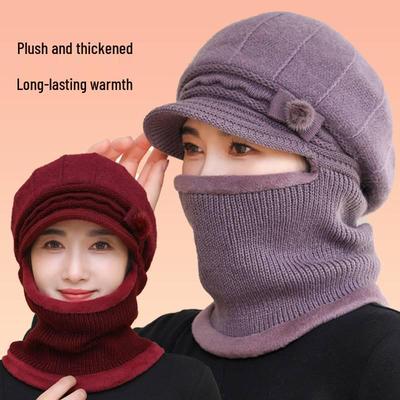 Women's Winter Knitted Wool Hat & Scarf Set with Fleece Lining, Thick and Warm for Middle-Aged & Elderly, Ideal for Cycling and Cold Protection.